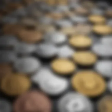 An array of different physical crypto coins arranged aesthetically on a table