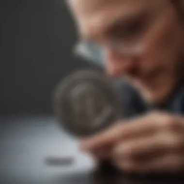 A person examining a physical crypto coin with a magnifying glass, reflecting deep interest