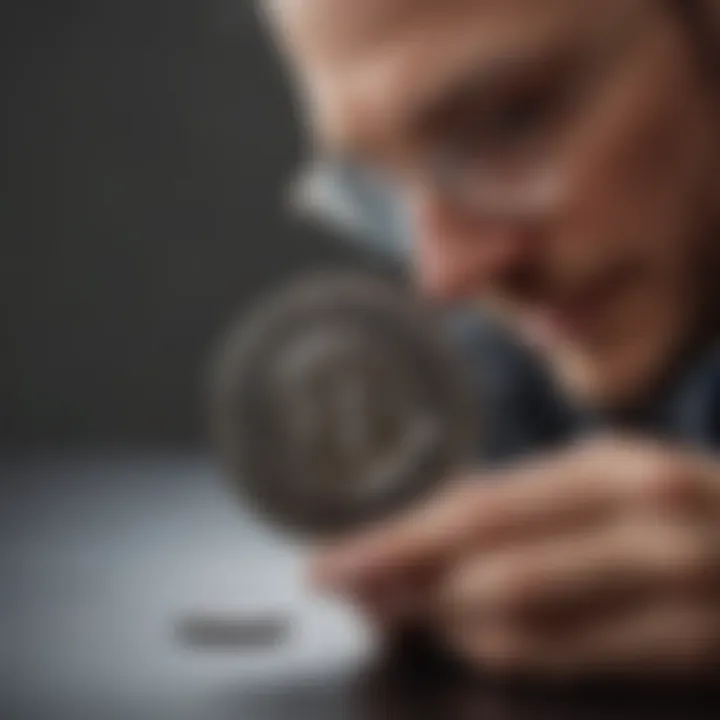 A person examining a physical crypto coin with a magnifying glass, reflecting deep interest