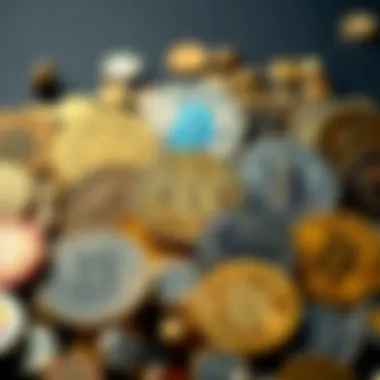Diversity in Cryptocurrency Ecosystem A diverse group of coins representing different cryptocurrencies