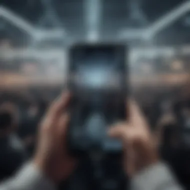 A futuristic concert scene with audience members utilizing digital devices.